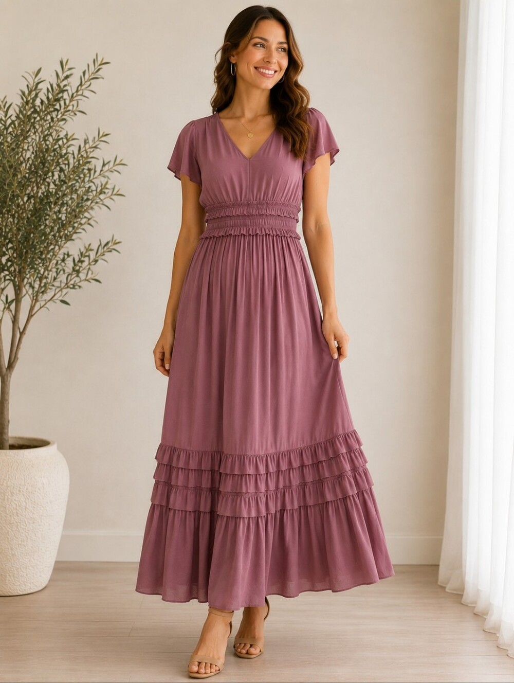 Böhme Mauve Ruffle Flutter Sleeve Romantic Maxi Dress Size Small